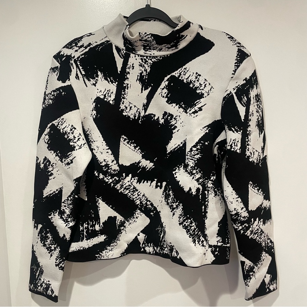 Printed Mock Neck Padded Shoulder Sweater Black Women's from Express